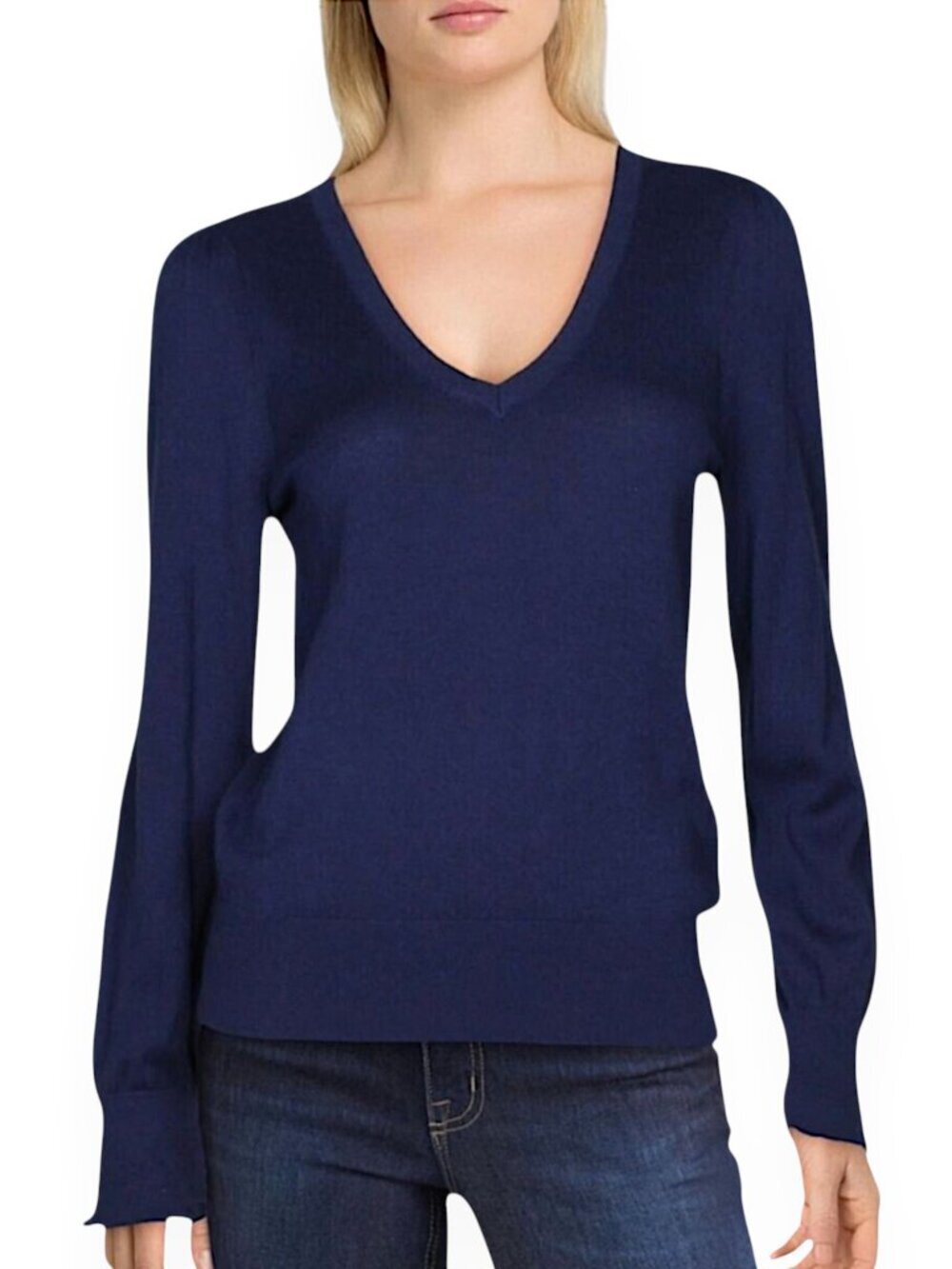 La Vie Rebecca Taylor Navy Wool Blend Ruffle Cuff V-Neck Sweater New NWT XS